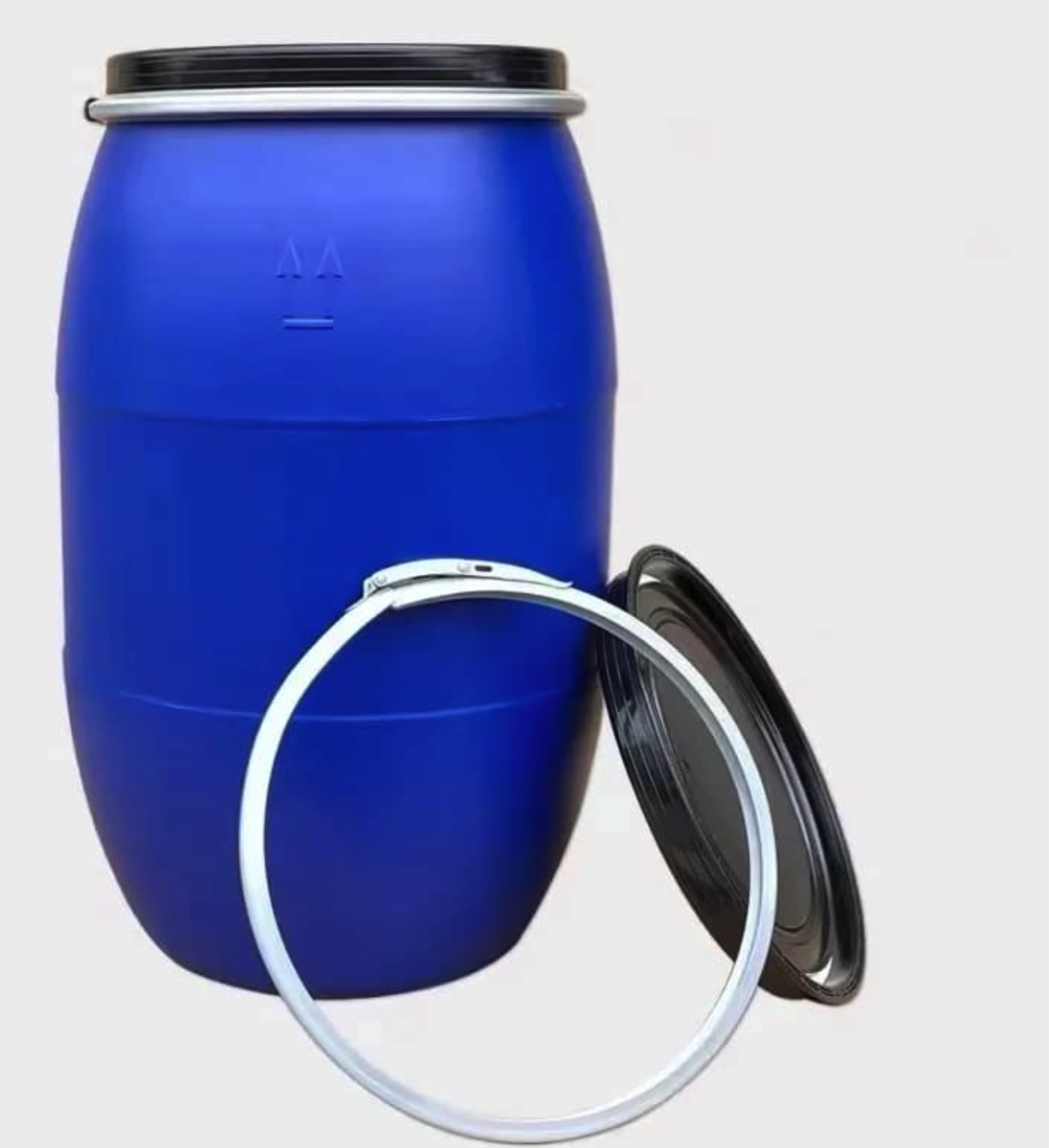 Blue open-head chemical drum with lid and sealing ring